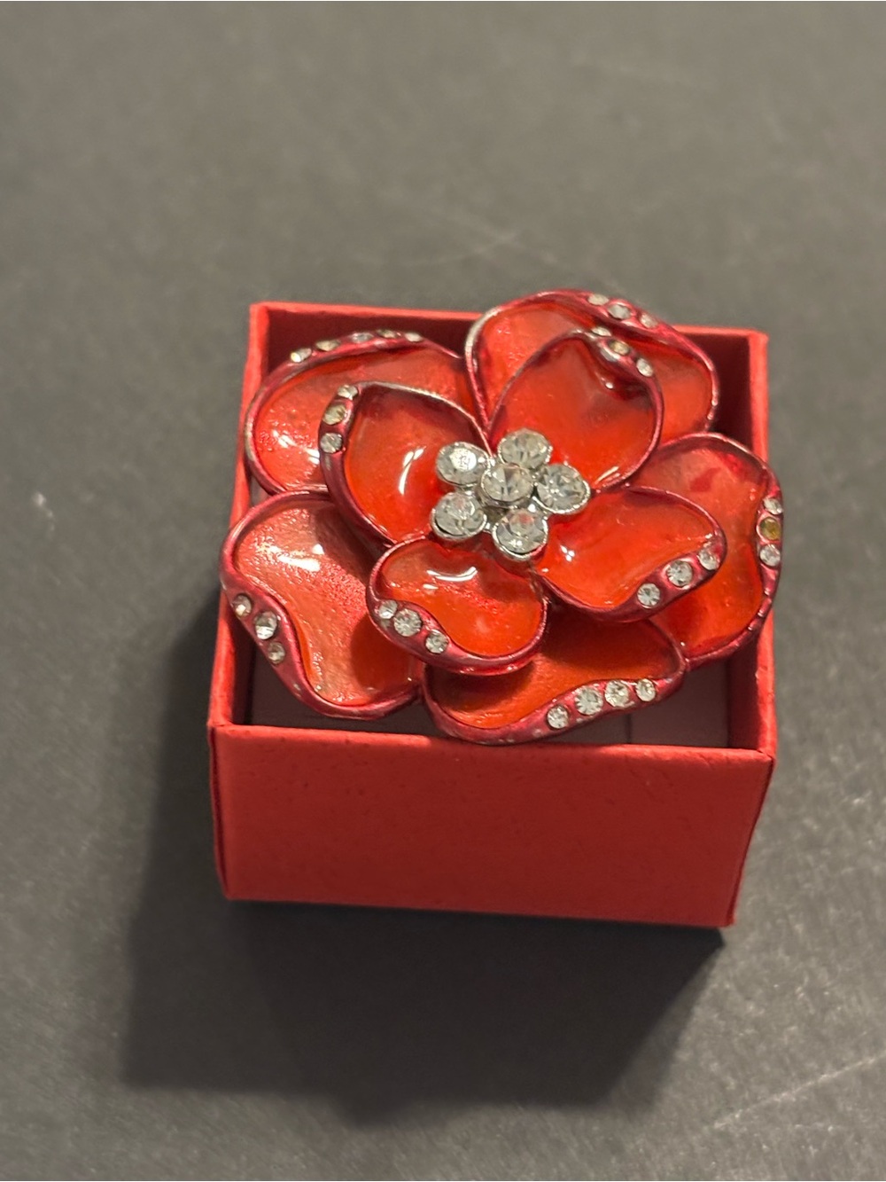 Red Enamel Flower Statement Ring Rhinestone Crystal Adjustable Cocktail Ring
